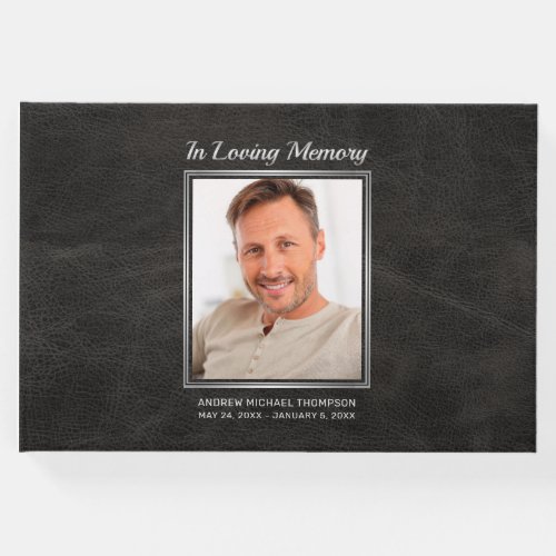 Memorial Black Leather w Silver Photo Funeral Guest Book