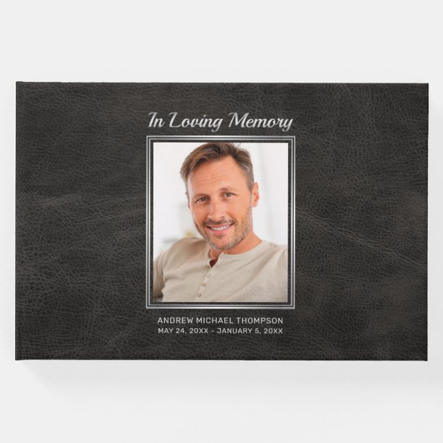Memorial Black Leather w/ Silver Photo Funeral Guest Book (Front)