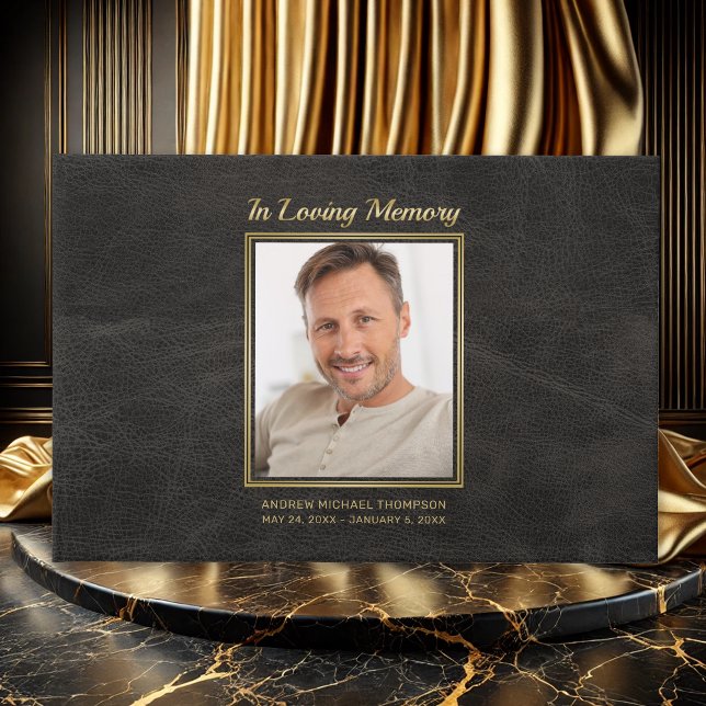 Memorial Black Leather with Gold Photo Funeral Guest Book (In Memory of Faux Black Leather Photo Funeral Guestbook with Gold calligraphy.
)