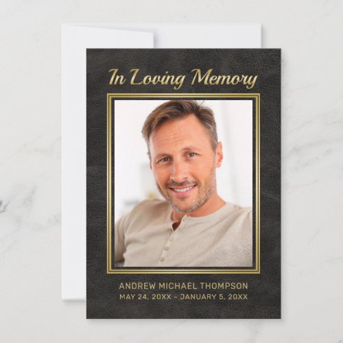 Memorial Black Leather with Gold Photo Sympathy Thank You Card