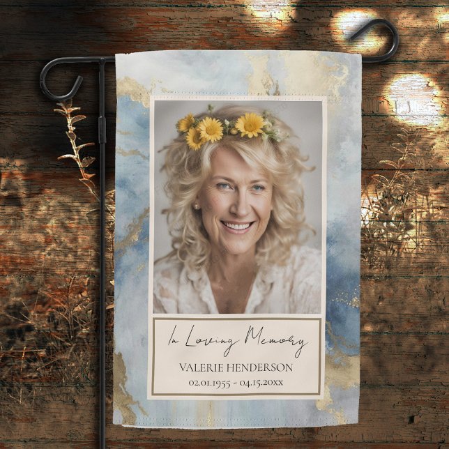 Memorial Blue and Gold Photo Funeral Garden Flag (Creator Uploaded)