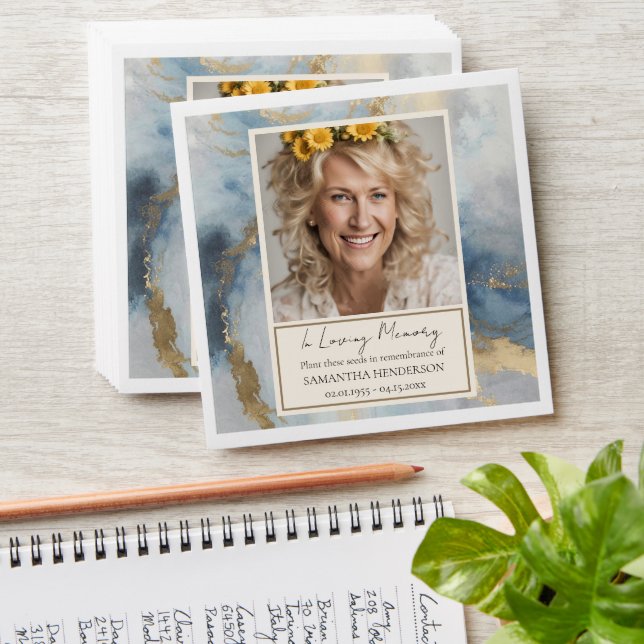 Memorial Blue and Gold Photo Funeral Seeds Envelope (Stacked)