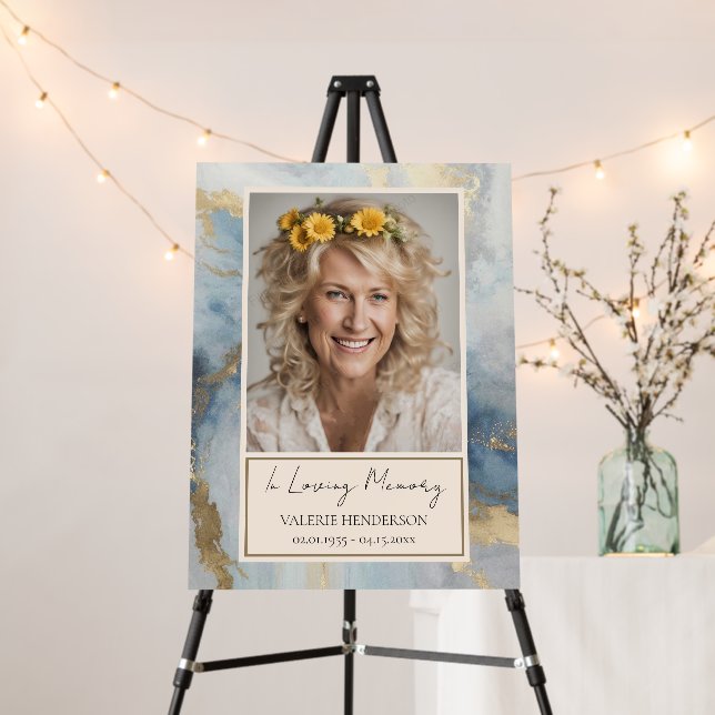 Memorial Blue and Gold Photo Funeral Welcome Foam Board (In Situ (Stand))