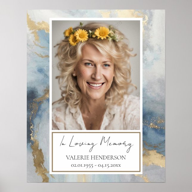 Memorial Blue and Gold Photo Funeral Welcome Poste Poster (Front)