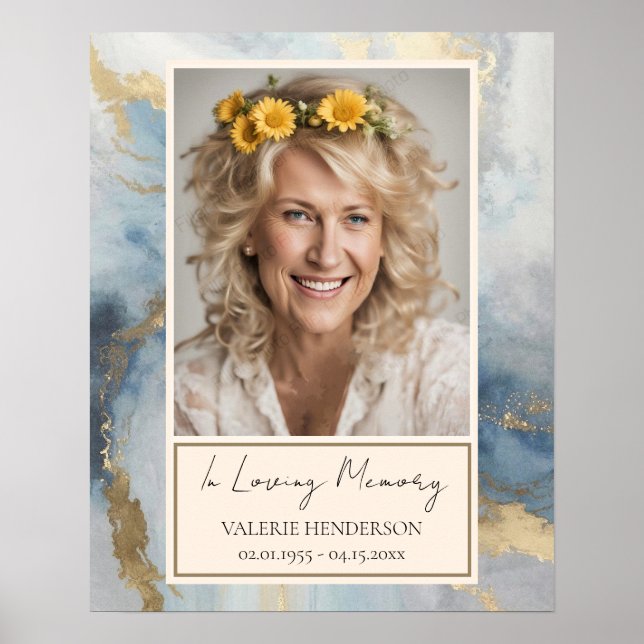 Memorial Blue and Gold Photo Funeral Welcome Poster (Front)