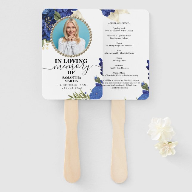Memorial Blue Floral Celebration of Life Hand Fan (Front and Back)