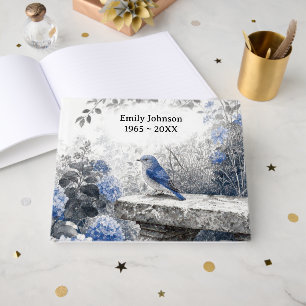 Memorial Bluebird On a Stone Garden Bench Guest Book