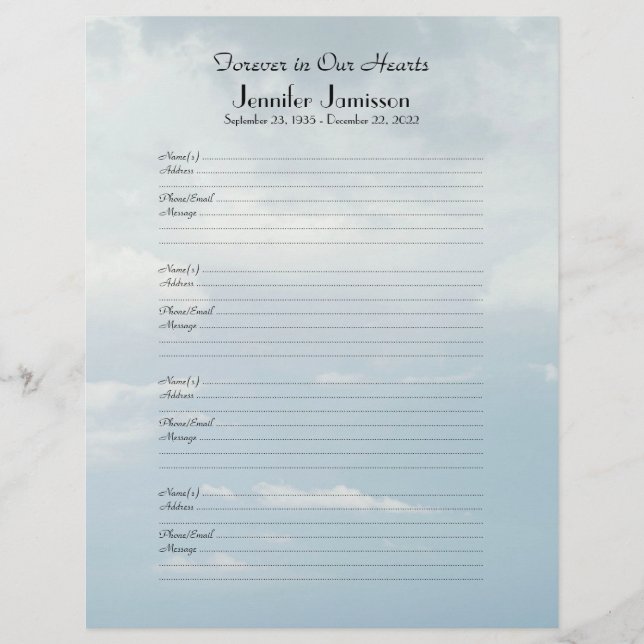 Memorial Book Binder Filler Sign-In Page Pale Sky (Front)