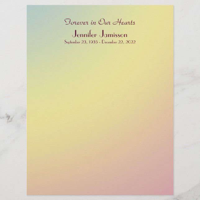 Memorial Book Filler Page, Pastel Yellow Blue Pink (Front)