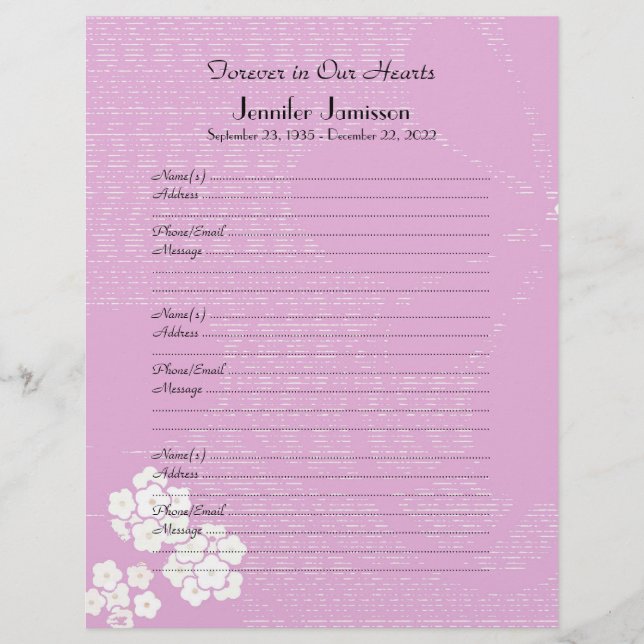 Memorial Book Filler Page, Pink Floral (Front)
