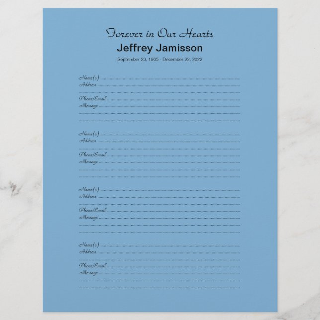 Memorial Book Filler Sign-In Page 4 Names per Page (Front)