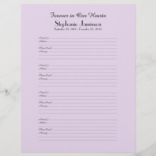 Memorial Book Filler Sign-In Page 4 Names per Page (Front)