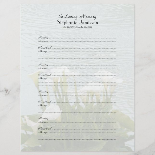 Memorial Book Filler Sign-In Page Calla Lilies (Front)