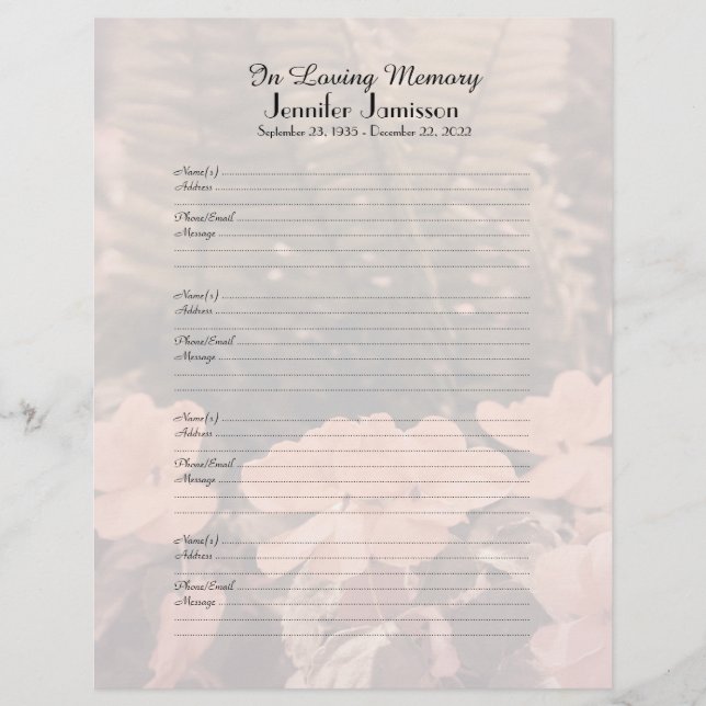 Memorial Book Filler Sign-In Page Flowers Ferns (Front)