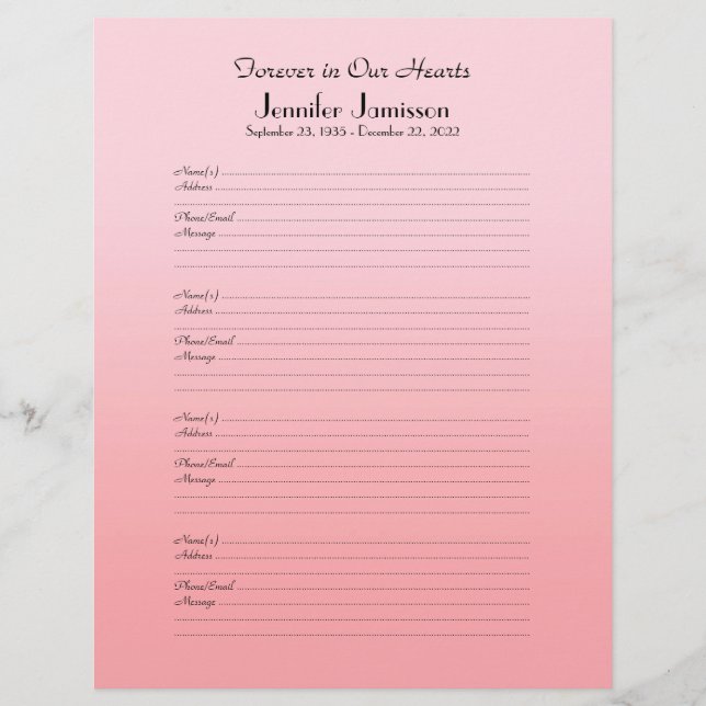Memorial Book Filler Sign-In Page, Pink (Front)