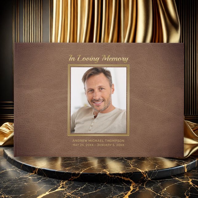 Memorial Brown Leather with Gold Photo Funeral Guest Book (Elegant In Loving Memory Faux Brown Leather Photo Funeral Guestbook.)