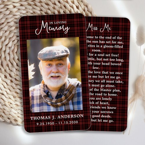 Memorial Burgundy Plaid Photo Funeral Prayer Card