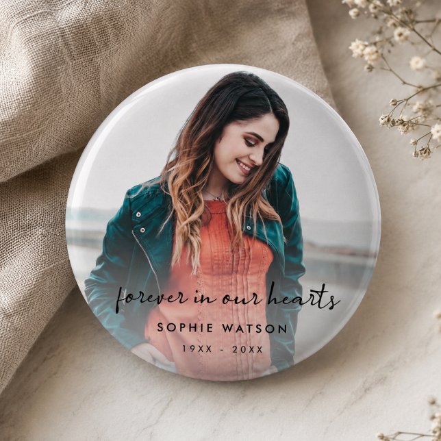 Memorial Button | Photo Pin Keepsake Tribute (Personalized memorial photo button with name and dates for funeral favors and keepsakes.)