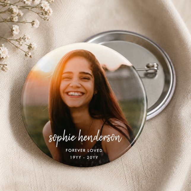 Memorial Button Pin | Personalized Photo Keepsake (Personalized memorial photo button pin with name and dates for funeral favors and keepsakes.)