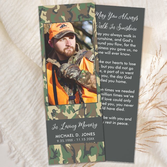 Memorial Camo Custom Photo Prayer Card Funeral Bookmarks (Creator Uploaded)