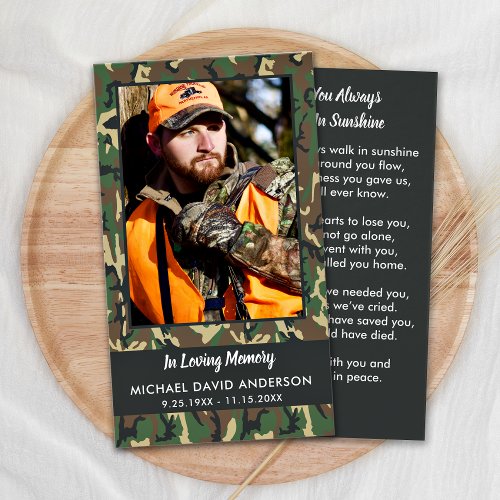 Memorial Camo Photo Sympathy Funeral Prayer Card