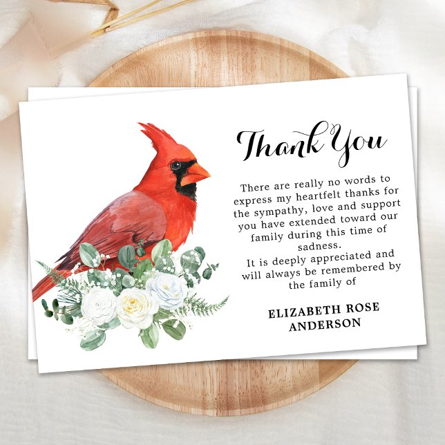 Memorial Cardinal Floral Greenery Sympathy Funeral Thank You Card (Creator Uploaded)