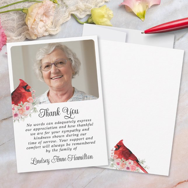 Memorial Cardinal Floral Photo Thank You Card (Creator Uploaded)
