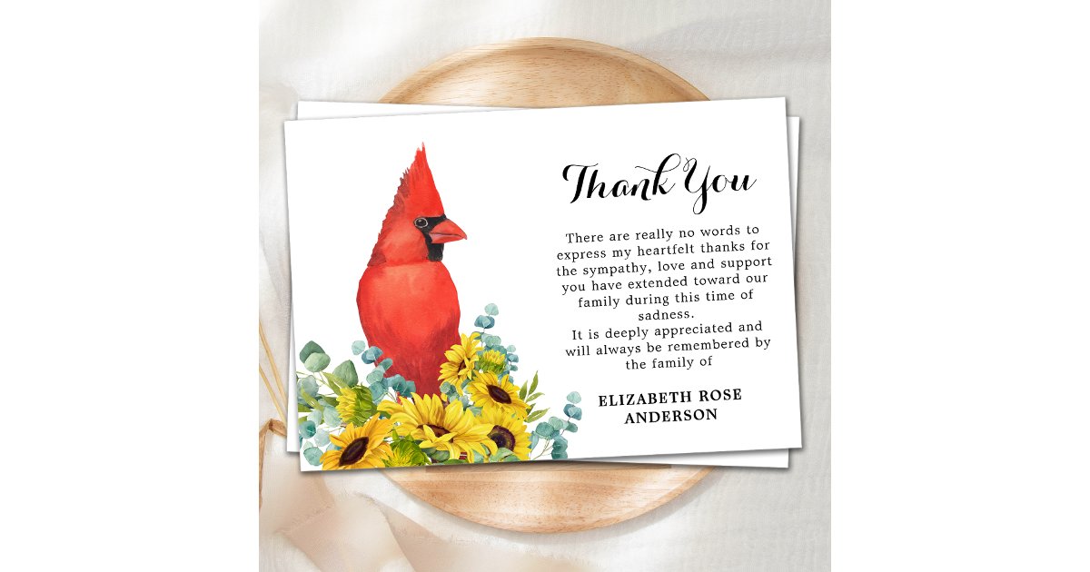 Memorial Cardinal Sunflowers Sympathy Funeral Thank You Card | Zazzle