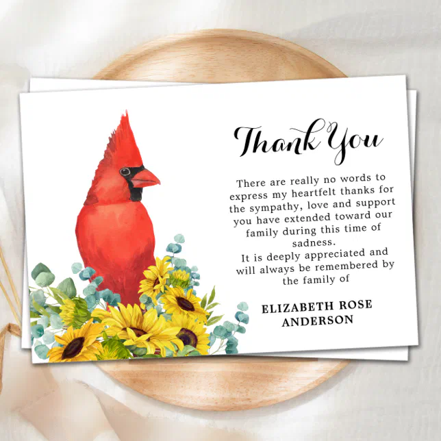 Memorial Cardinal Sunflowers Sympathy Funeral Thank You Card | Zazzle