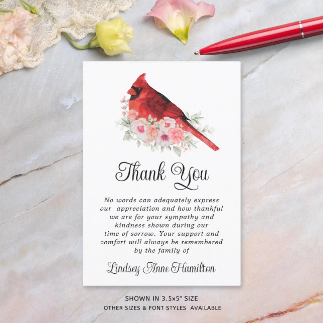 Memorial Cardinal Watercolor Flowers Thank You Card (Creator Uploaded)