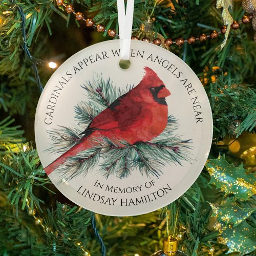 Memorial Cardinals Appear Saying Watercolor Pine Glass Ornament