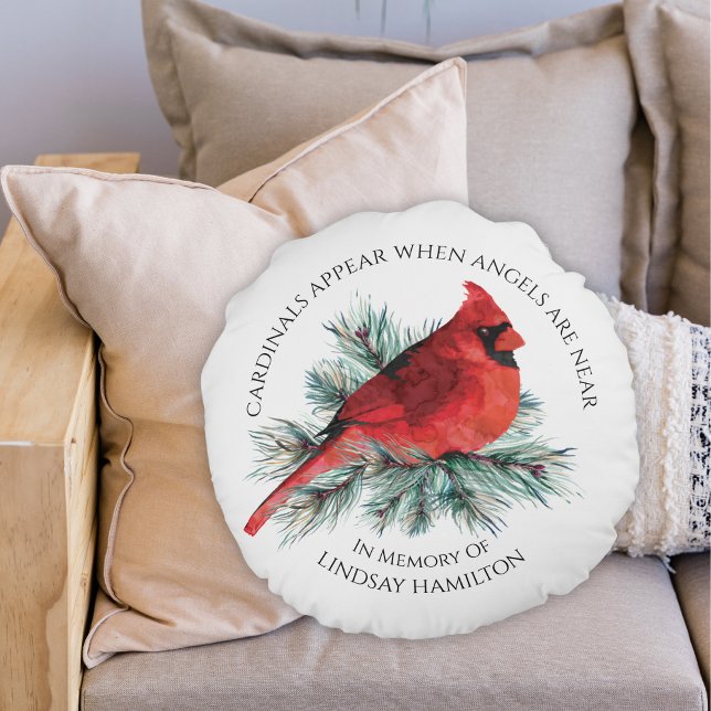 Memorial Cardinals Appear Saying Watercolor Pine Round Pillow (Creator Uploaded)