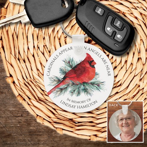 Memorial Cardinals Appear Watercolor Pine Photo Keychain