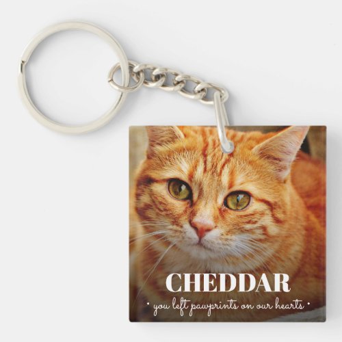 Memorial Cat Photo Pawprints On Our Hearts Keychain
