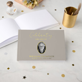 Memorial Celebrating Life Funeral Beige Gold Photo Foil Guest Book