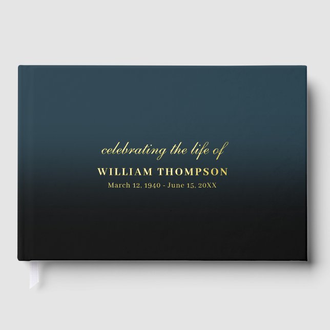 Memorial Celebrating Life Funeral Navy Black Gold Foil Guest Book (Front)