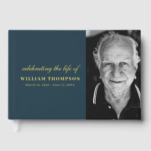Memorial Celebrating Life Funeral Navy Gold Photo Foil Guest Book