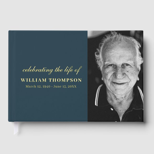 Memorial Celebrating Life Funeral Navy Gold Photo Foil Guest Book (Front)