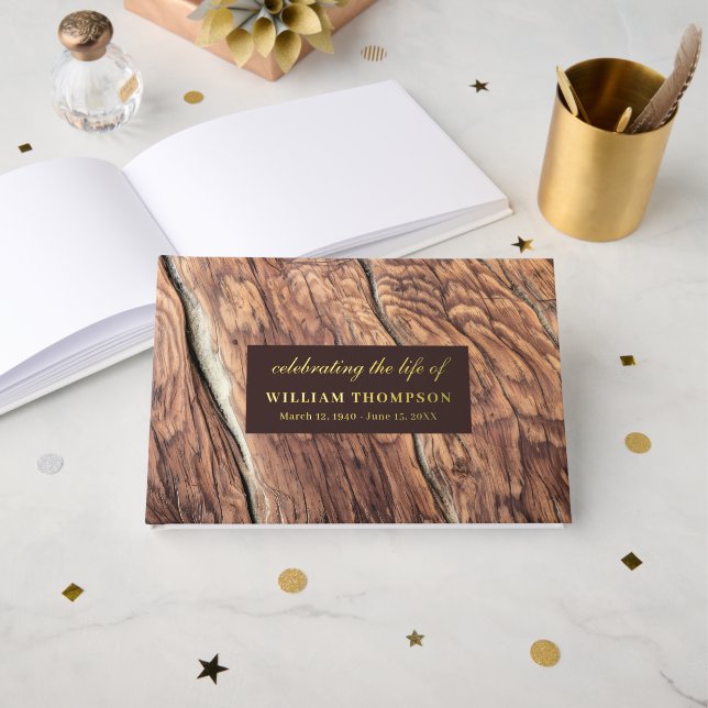 Memorial Celebrating Life Funeral Rustic Wood Gold Foil Guest Book (Front Open)