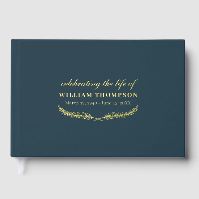 Memorial Celebrating Life Of Funeral Navy Gold Foil Guest Book (Front)