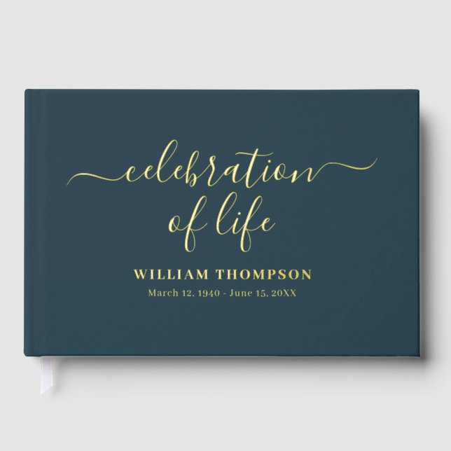 Memorial Celebrating Life Of Funeral Navy Gold Foil Guest Book (Front)