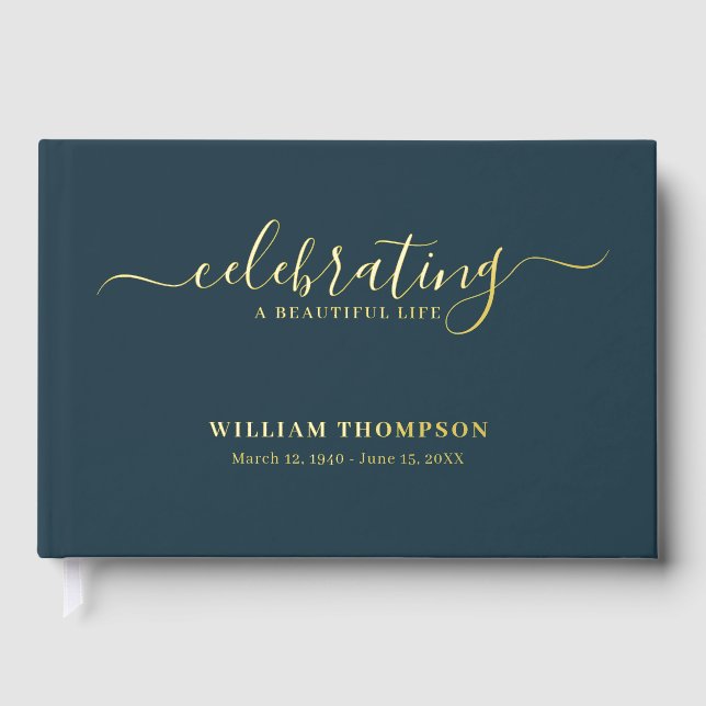 Memorial Celebrating Life Of Funeral Navy Gold Foil Guest Book (Front)