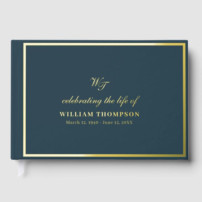 Memorial Celebrating Life Of Funeral Navy Gold Foil Guest Book (Front)