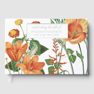 Memorial Celebrating Life Of Funeral Orange Floral Foil Guest Book