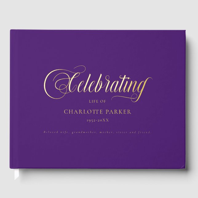  Memorial "Celebrating life of" Purple Foil Guest Book (Front)