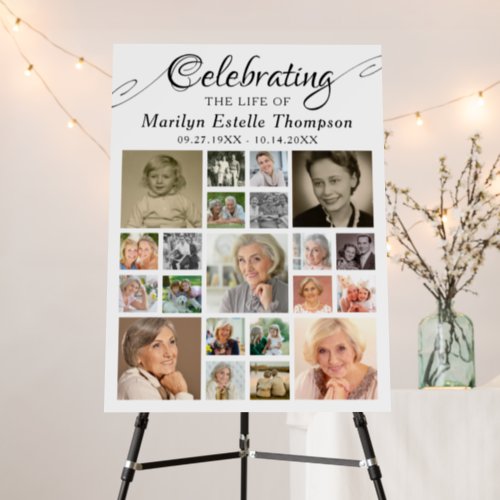 Memorial CELEBRATING THE LIFE OF 21 Photo Foam Board - Celebrate the life of your loved one in an easy-to-create photo collage of 21 square pictures through the years in memory of someone special at a funeral memorial service or Celebration of Life event. The minimal black and white design features a modern, elegant calligraphy script typography title CELEBRATING THE LIFE OF NAME and the dates. HELP:  For assistance with design modification/personalization, resizing or transferring the design to another product, contact the designer BEFORE ORDERING via Zazzle Chat or makeitaboutyoustore@gmail.com.