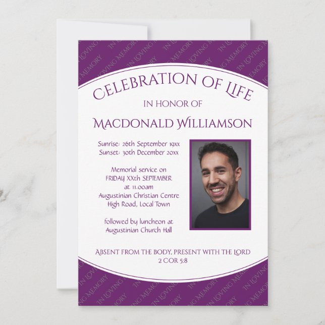 Memorial | CELEBRATION OF LIFE | Funeral PURPLE Invitation (Front)