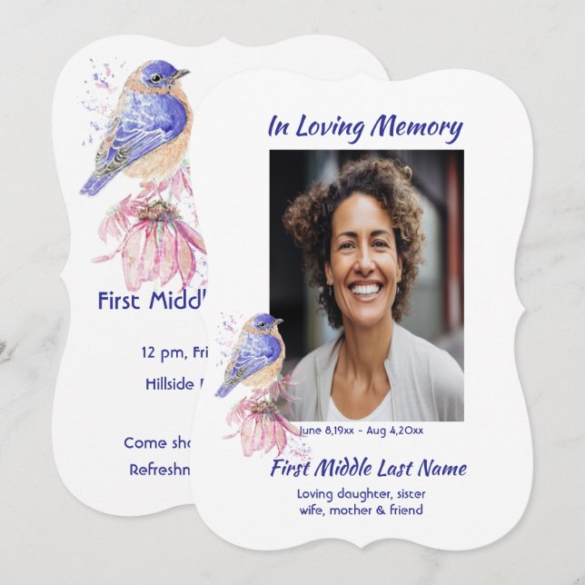 Memorial, Celebration of Life, Service Bluebird  Invitation (Front/Back)