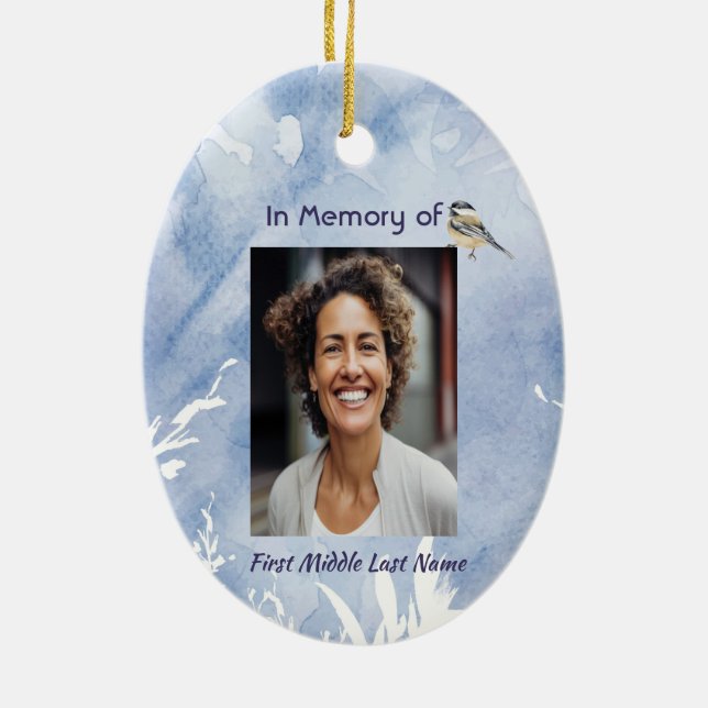 Memorial Chickadee Bird Winter Snow Tree Ceramic Ornament (Back)