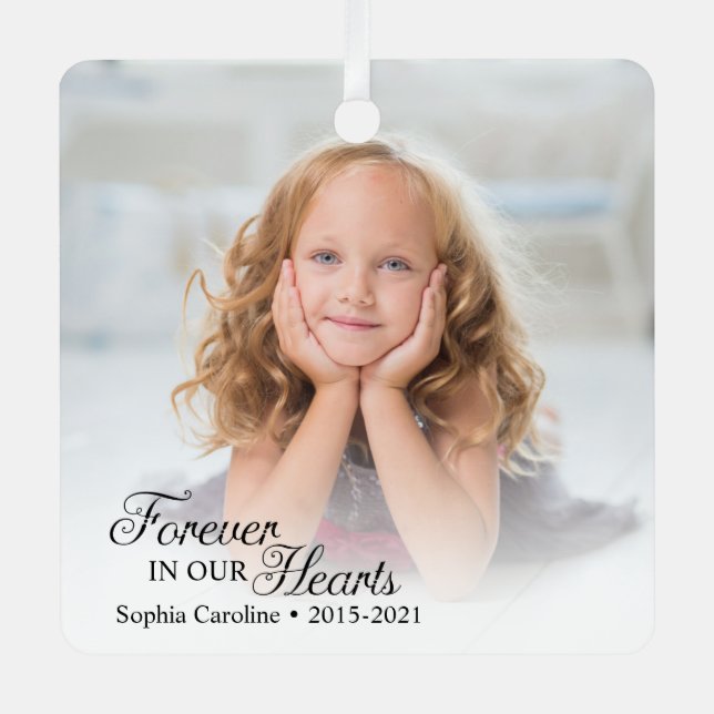 Memorial Child Photo Forever In Our Hearts Metal Ornament (Front)